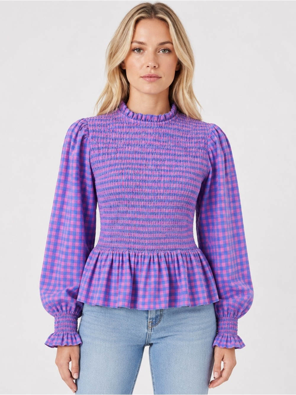 Hyacinth House Ruby Blouse Gingham Smocked Peplum Ruffle Blouse Blue Pink Size M - Picture 16 of 16
